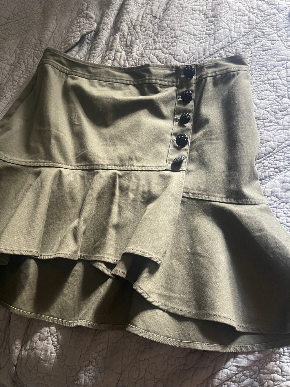 Veronica Beard Olive Green Ruffle Mini Skirt with Decorative Buttons